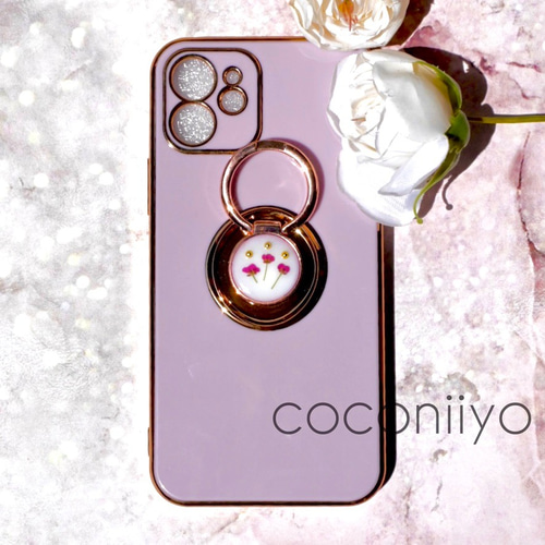 アリッサム 押し花 ドライフラワー スマホリングハンドメイド iPhoneケース アリッサム 押し花 ドライフラワー スマホリングハンドメイド