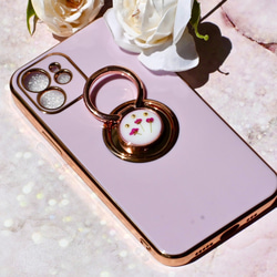 iPhoneケース　スマホケース イニシャル入れ可　リング付き　押し花　ドライフラワー　可愛い　パープル　紫 アリッサム 2枚目の画像