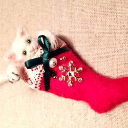 Cat in Christmas stockings C　ブローチ　レジンド羊毛フェルト 1枚目の画像