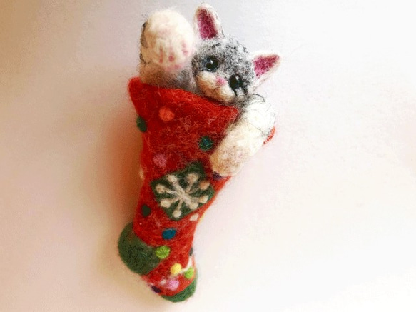 2way♪在聖誕襪中的貓吊墜和胸針居民羊毛氈 第7張的照片