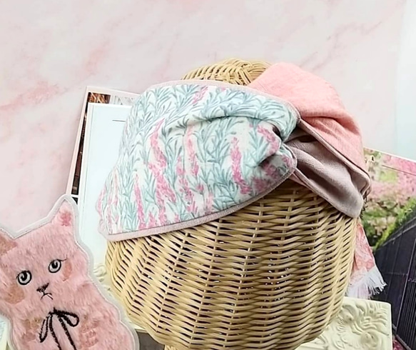 【限量5】貓之香織頭巾｜丹參紋&amp;粉色 第3張的照片