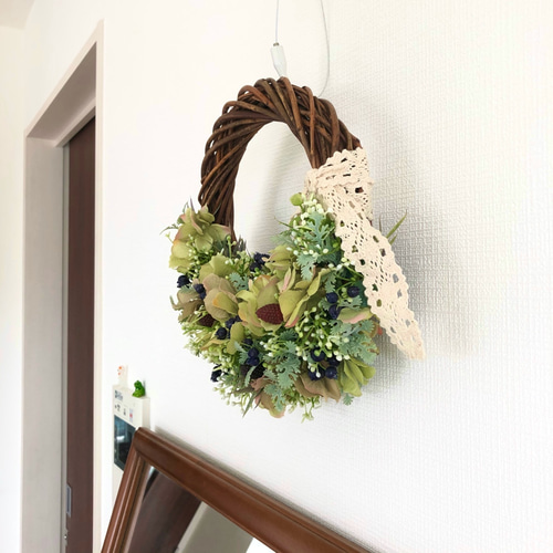 グリーン アジサイ ハーフ リース 直径18cm 紫陽花とフルーツのハーフ