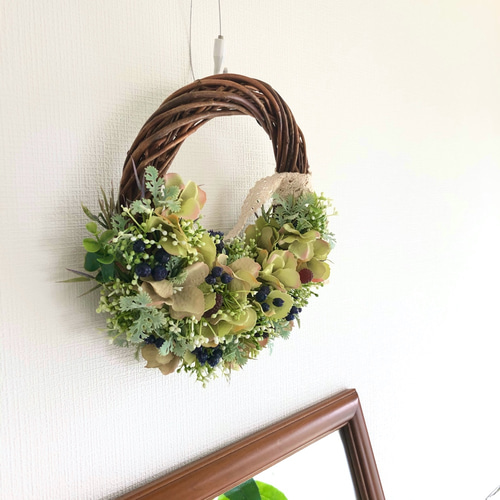 グリーン アジサイ ハーフ リース 直径18cm 紫陽花とフルーツのハーフ