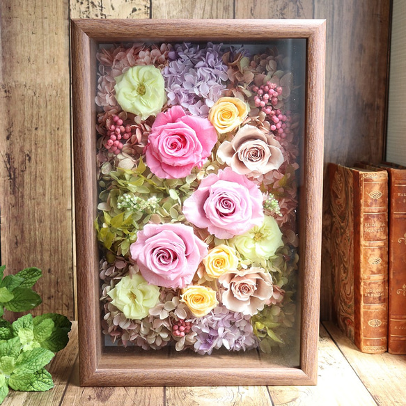 まるで絵画のようなプリザーブドフラワーアレンジ　「フラワーフレーム　メヌエット」 フラワーフレーム メヌエット 開店祝い 開業祝い 開院祝い フリーメッセージご希望の方は
