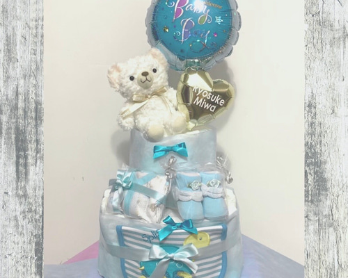 おむつケーキ おむつバルーン バルーンケーキ ブルーバルーン 男の子
