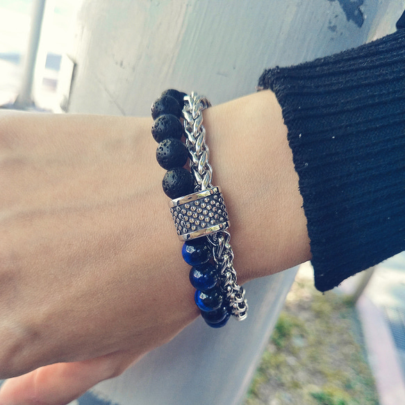 Beads and steel chain,2-row bracelet with a ring charm T-bar 3枚目の画像