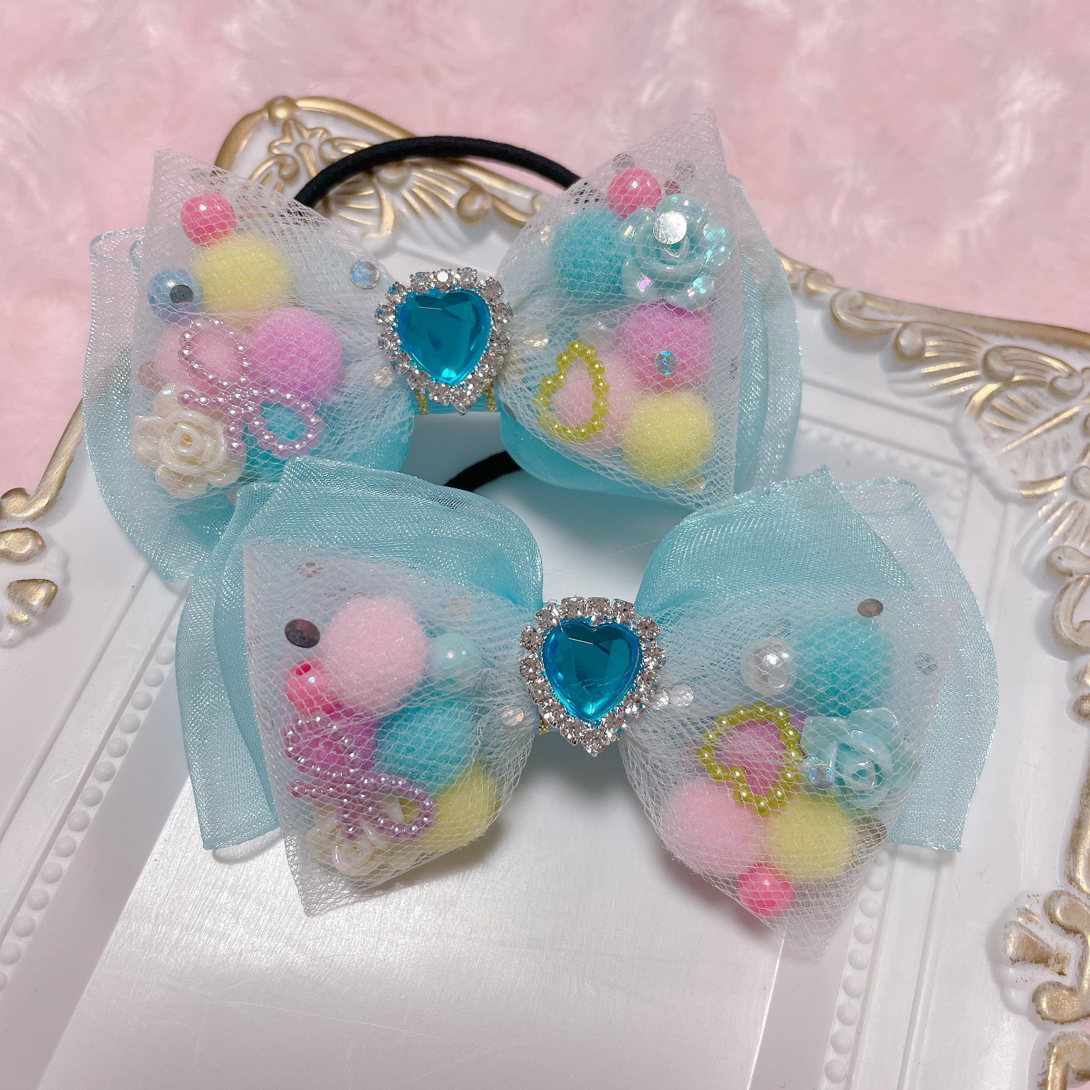 サマーセット】マーメイドリボン♡ツイン♡チュールポンポン♡パープル