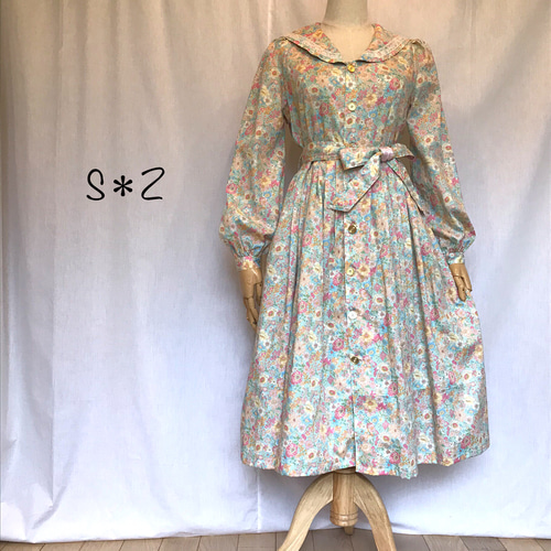 お花柄セーラーカラーパネルラインワンピース(一点物 お花柄セーラーカラーパネルラインワンピース(一点物