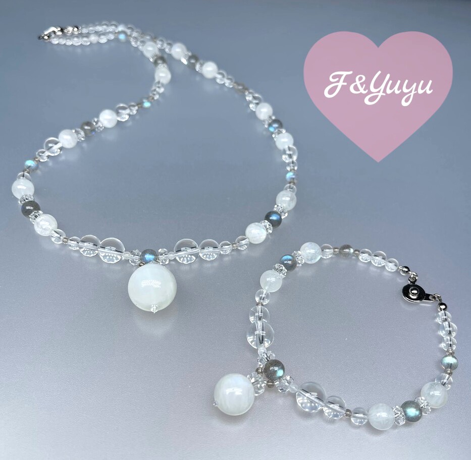 天然石 レインボームーンストーン ラブラドライト 水晶  ネックレスとブレスレットのセット　Mサイズ