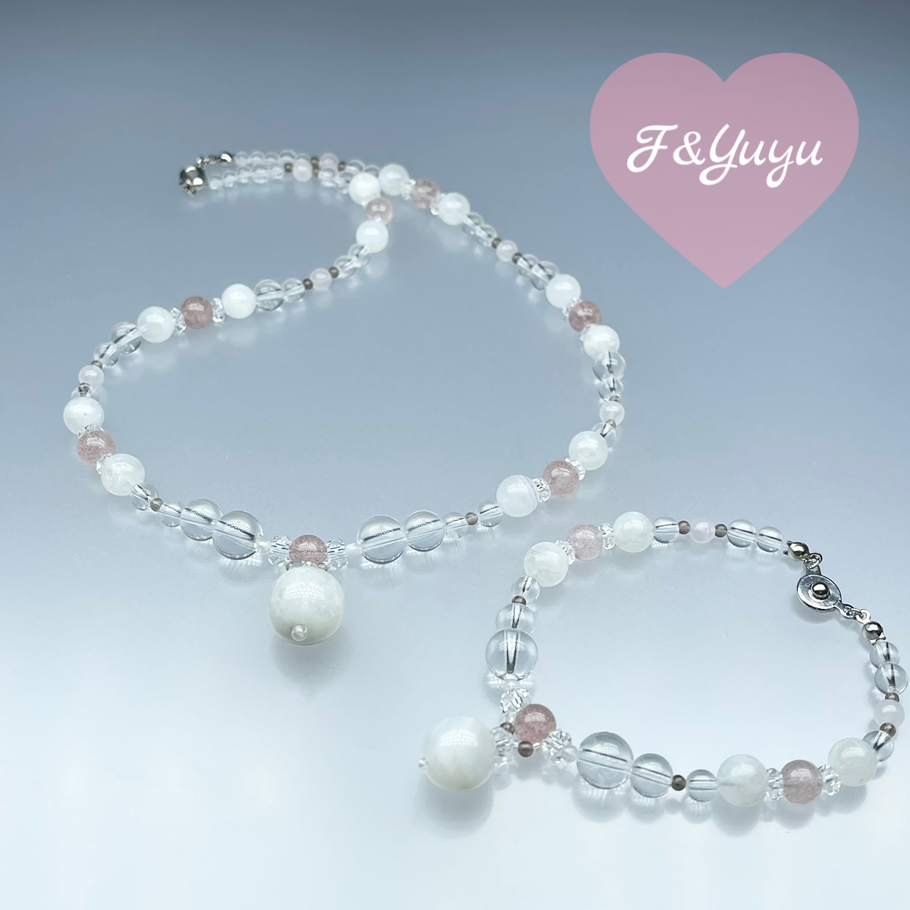 天然石 レインボームーンストーン レッドアベンチュリン 水晶  ネックレスとブレスレットのセット　Sサイズ