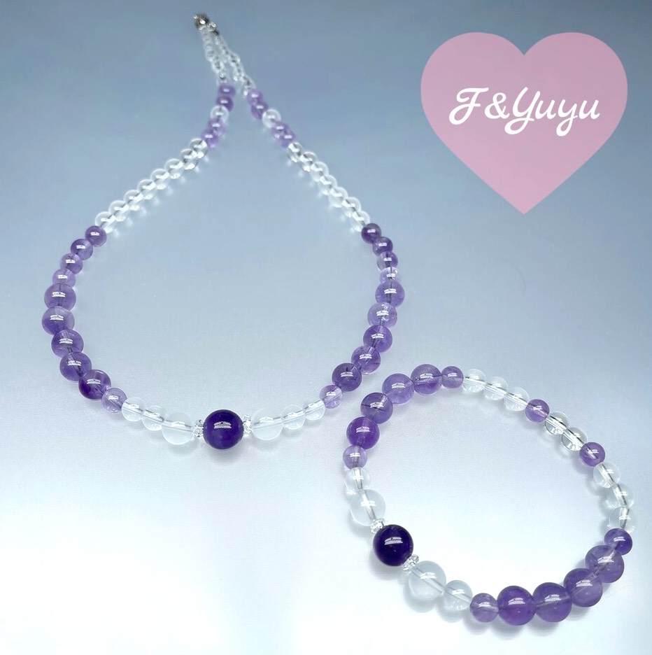 天然石 アメジストミルキークオーツ 水晶 ネックレスとブレスレットのセット　Mサイズ