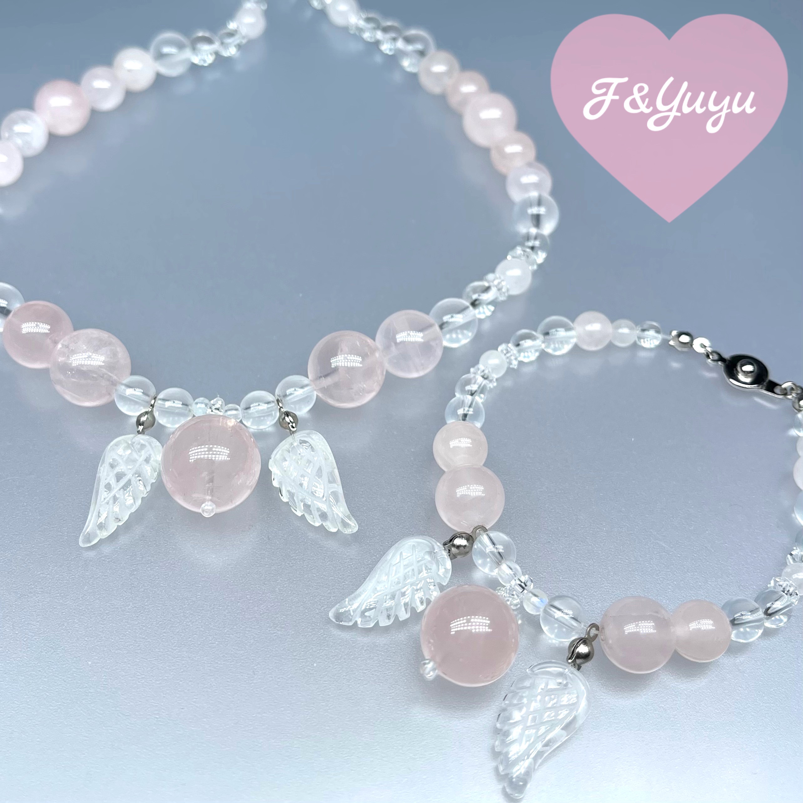 天然石 大玉ローズクオーツ 羽トップ ミルキークオーツ 水晶 ネックレスとブレスレットのセット　Sサイズ
