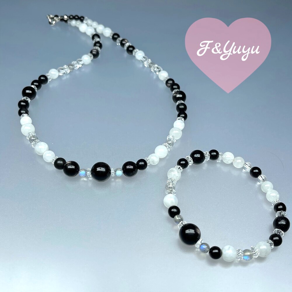 天然石 ハイパーシーン レインボームーンストーン ラブラドライト 水晶　ネックレスとブレスレットのセット　 Mサイズ