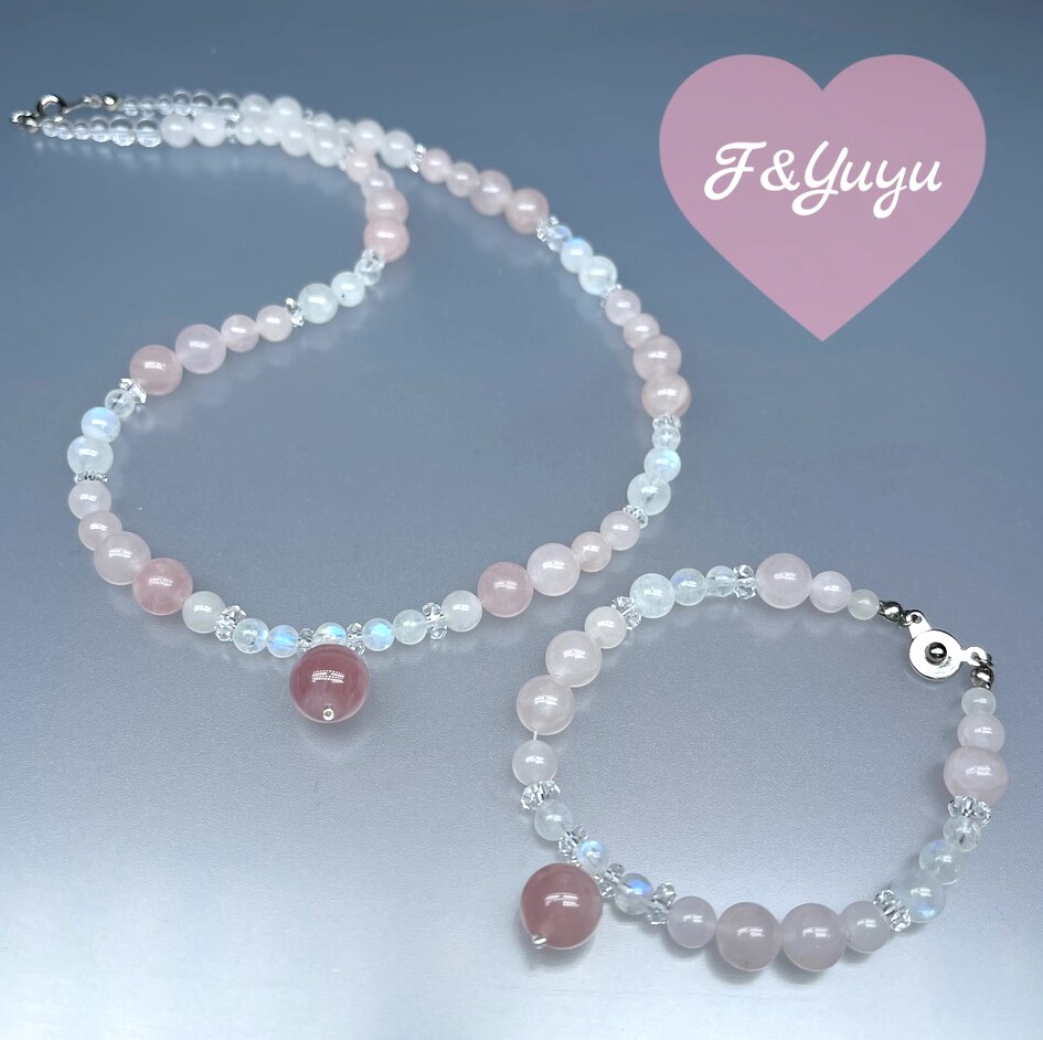 天然石 ローズクオーツドロップ レインボームーンストーン 水晶 ネックレスとブレスレットのセット　Mサイズ