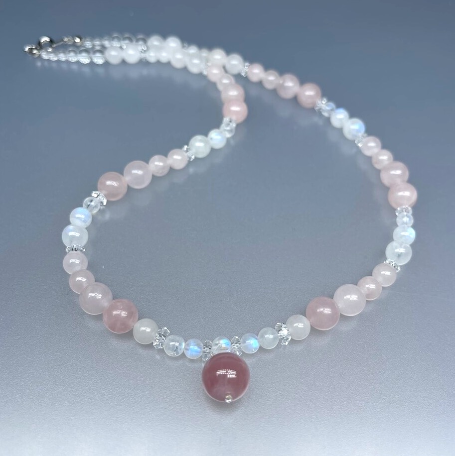 天然石 ローズクオーツドロップ レインボームーンストーン 水晶 ネックレスとブレスレットのセット　Mサイズ