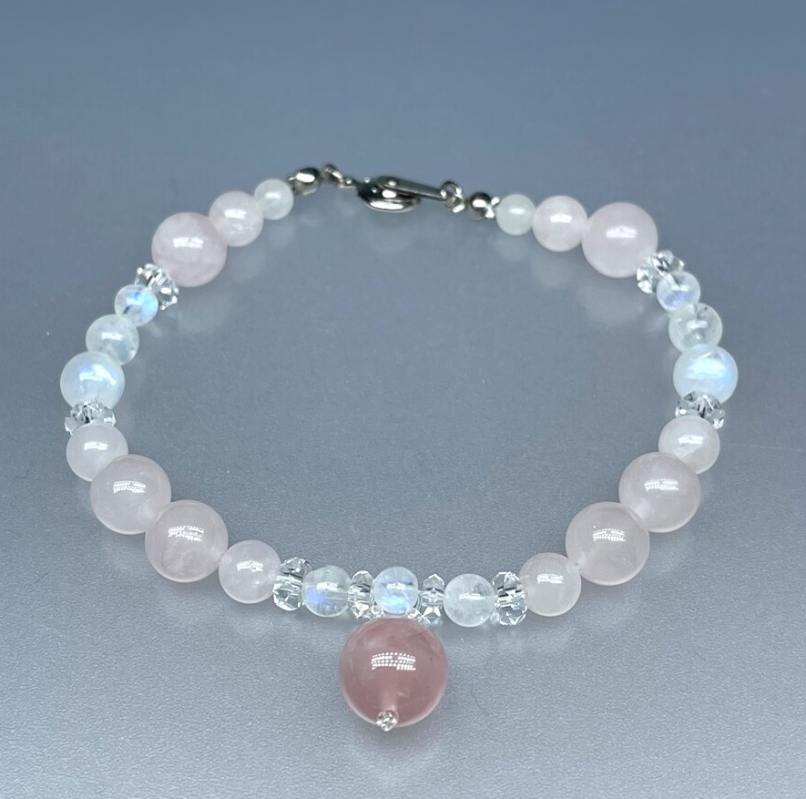 天然石 ローズクオーツドロップ レインボームーンストーン 水晶 ネックレスとブレスレットのセット　Mサイズ