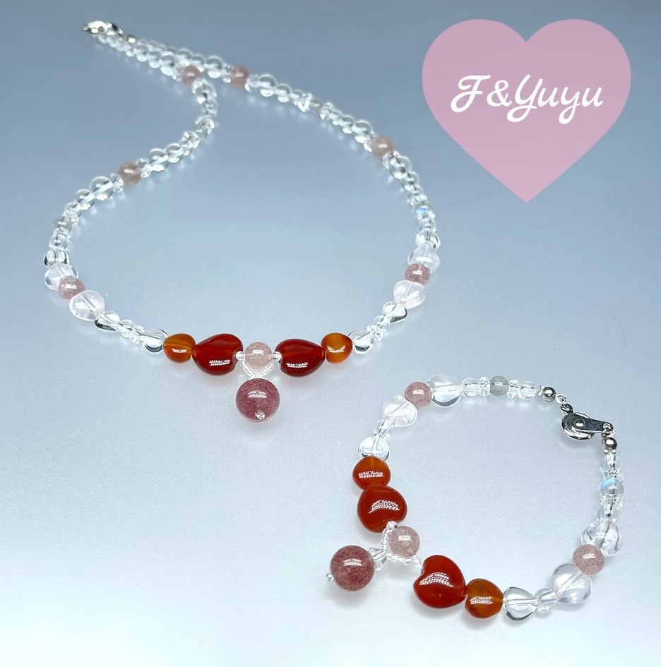 天然石 ピンクエピドート レッドアゲート レッドアベンチュリン 水晶 ネックレスとブレスレットのセット　Sサイズ