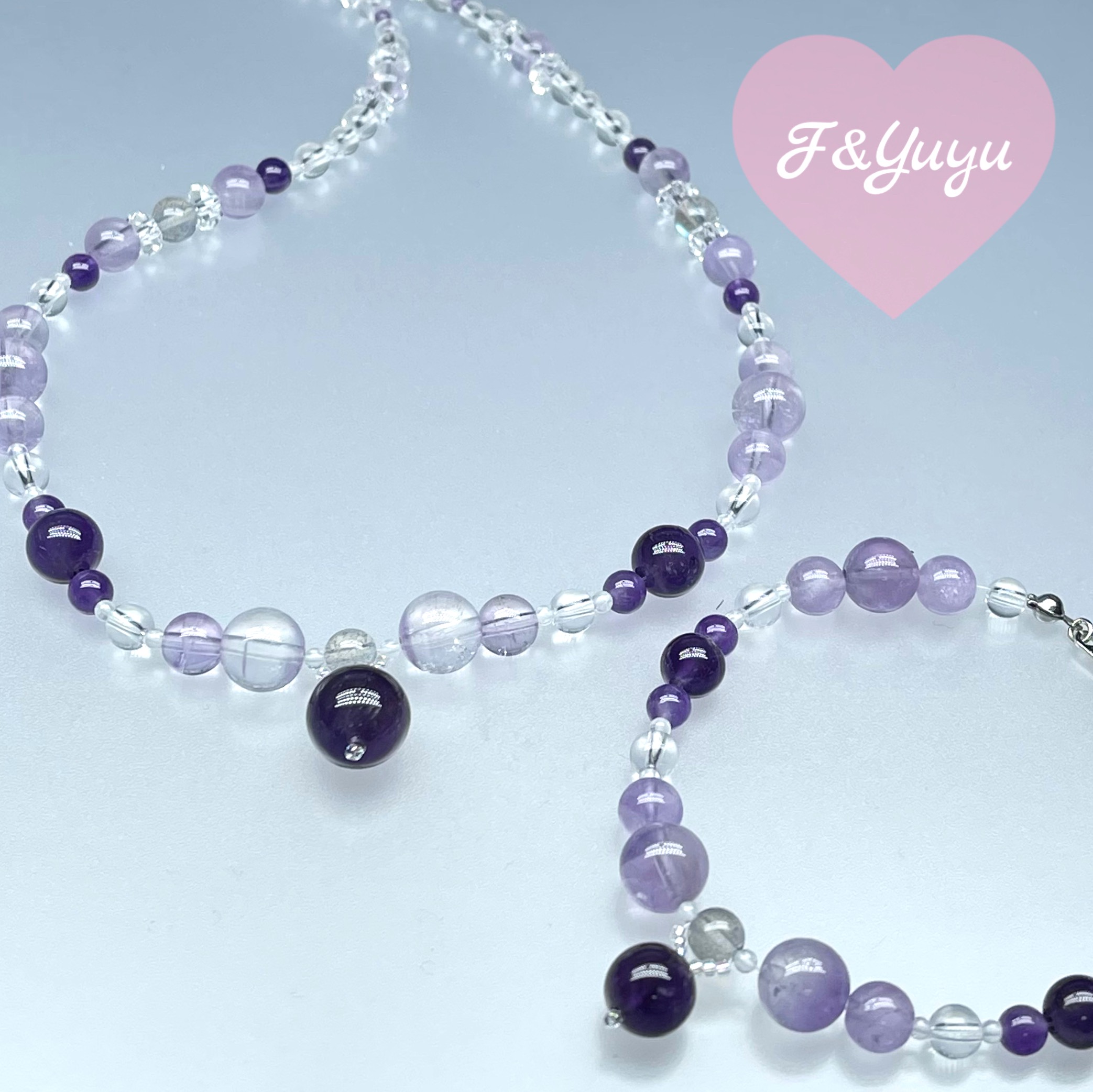 天然石 アメジストドロップ ラブラドライト 水晶 ネックレスとブレスレットのセット　Mサイズ