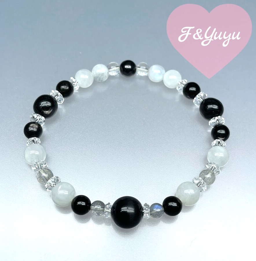 天然石 ハイパーシーン レインボームーンストーン ラブラドライト 水晶 ブレスレット　Mサイズ