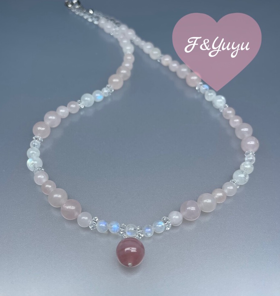 天然石 ローズクオーツドロップ レインボームーンストーン 水晶 ネックレス　Mサイズ