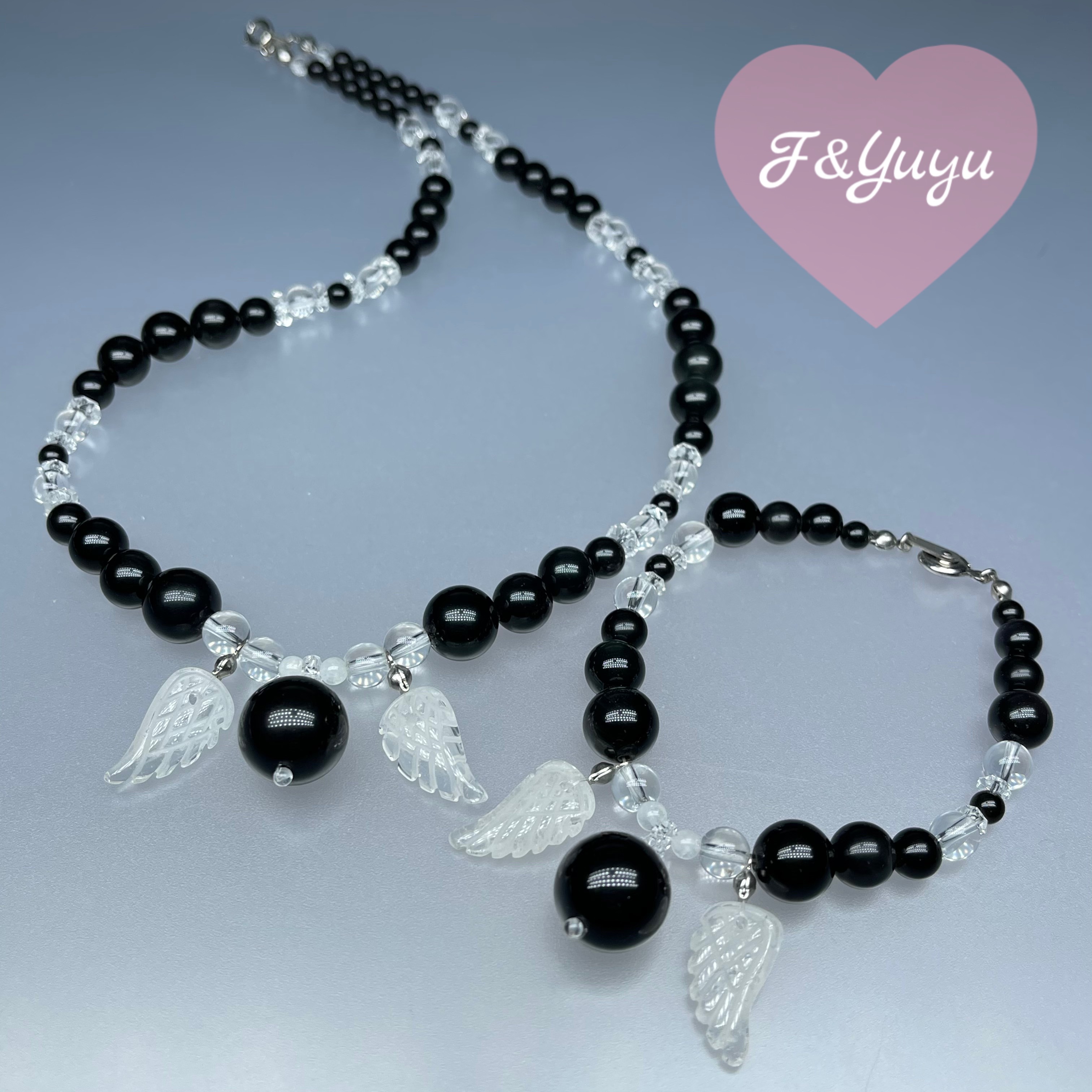 天然石 ゴスロリ 羽トップ オブシディアン ネックレス/ブレスレット　 Mサイズ