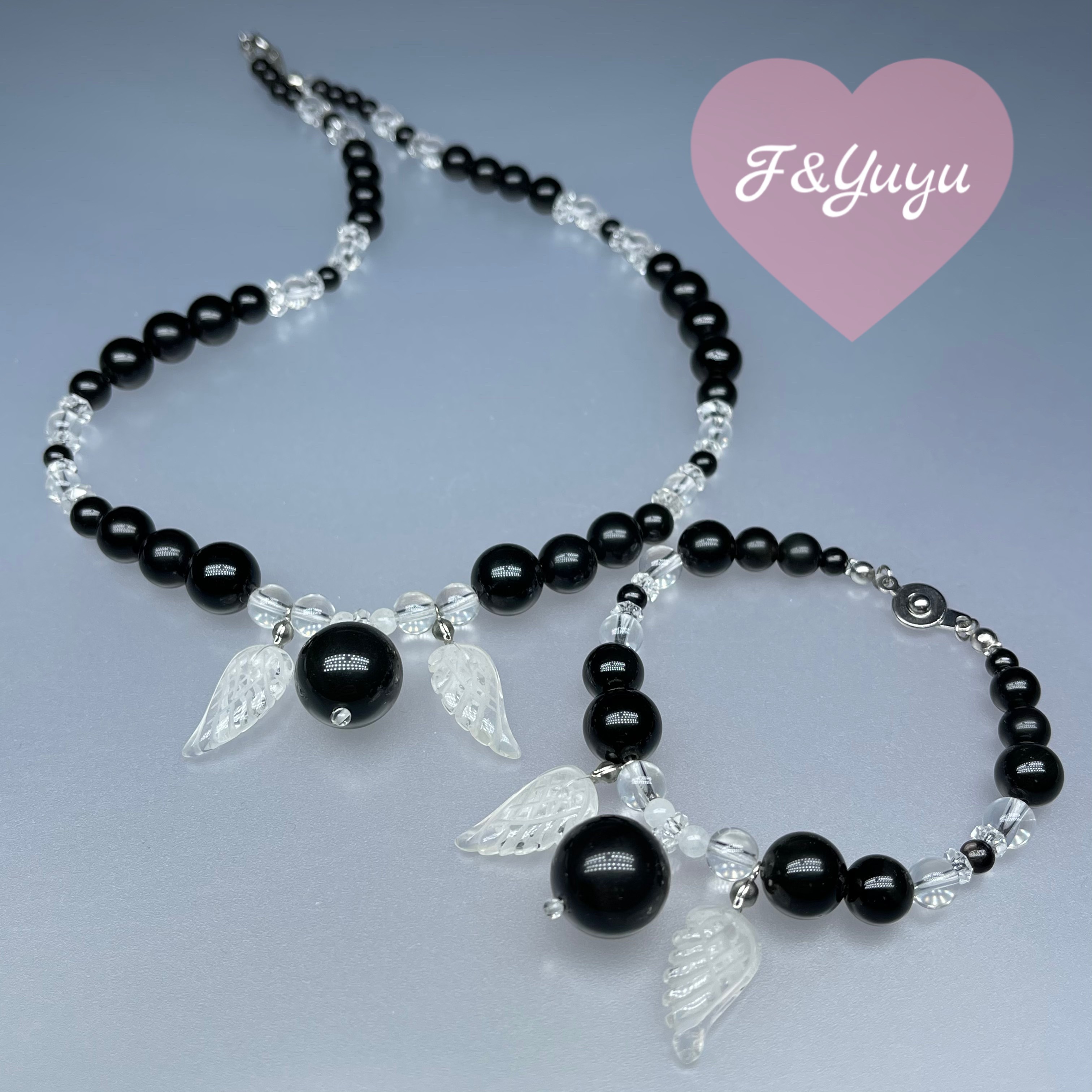 天然石 ゴスロリ 羽トップ オブシディアン ネックレス/ブレスレット　 Sサイズ