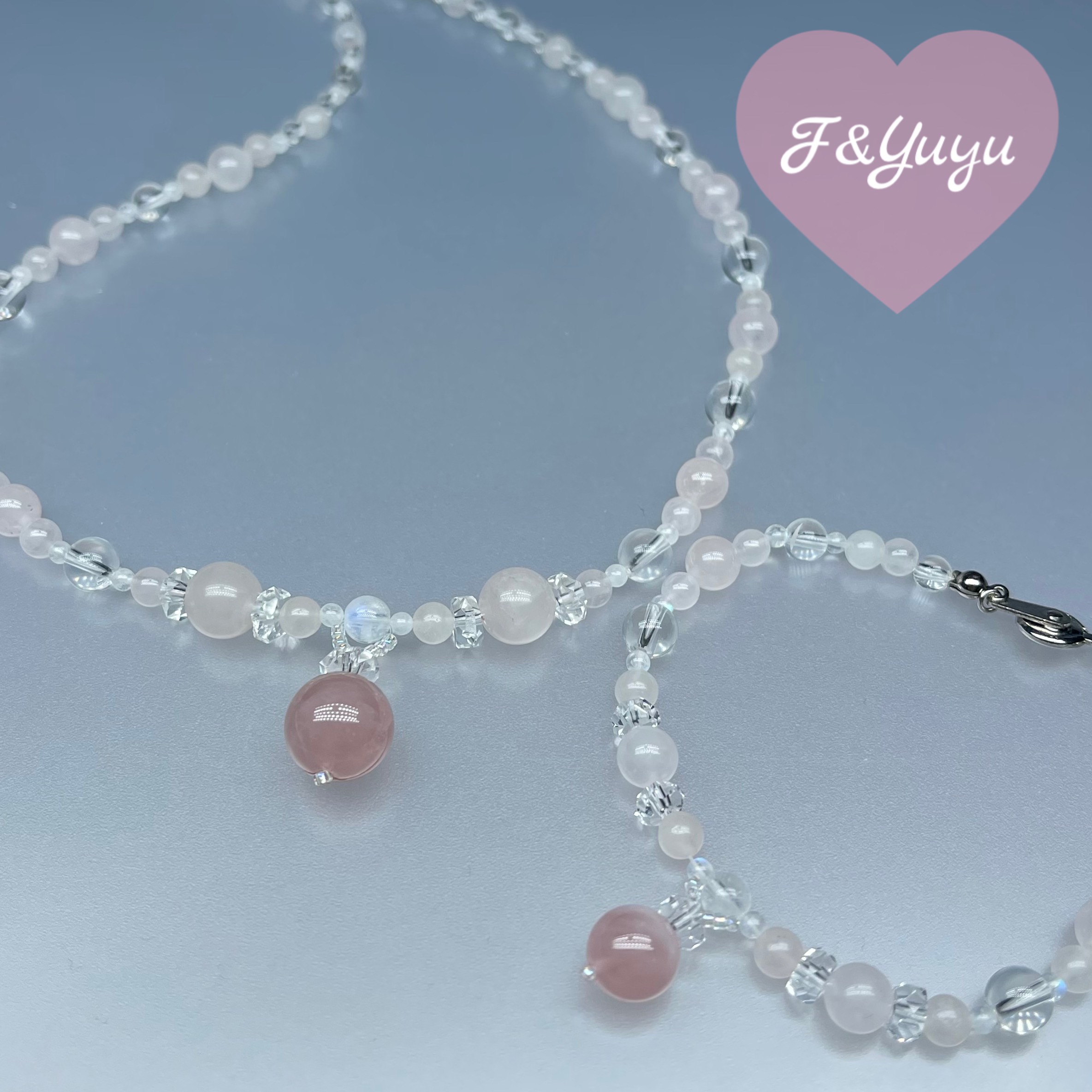 天然石 マダガスカルディープローズクオーツ 水晶 ネックレスとブレスレットのセット　Sサイズ