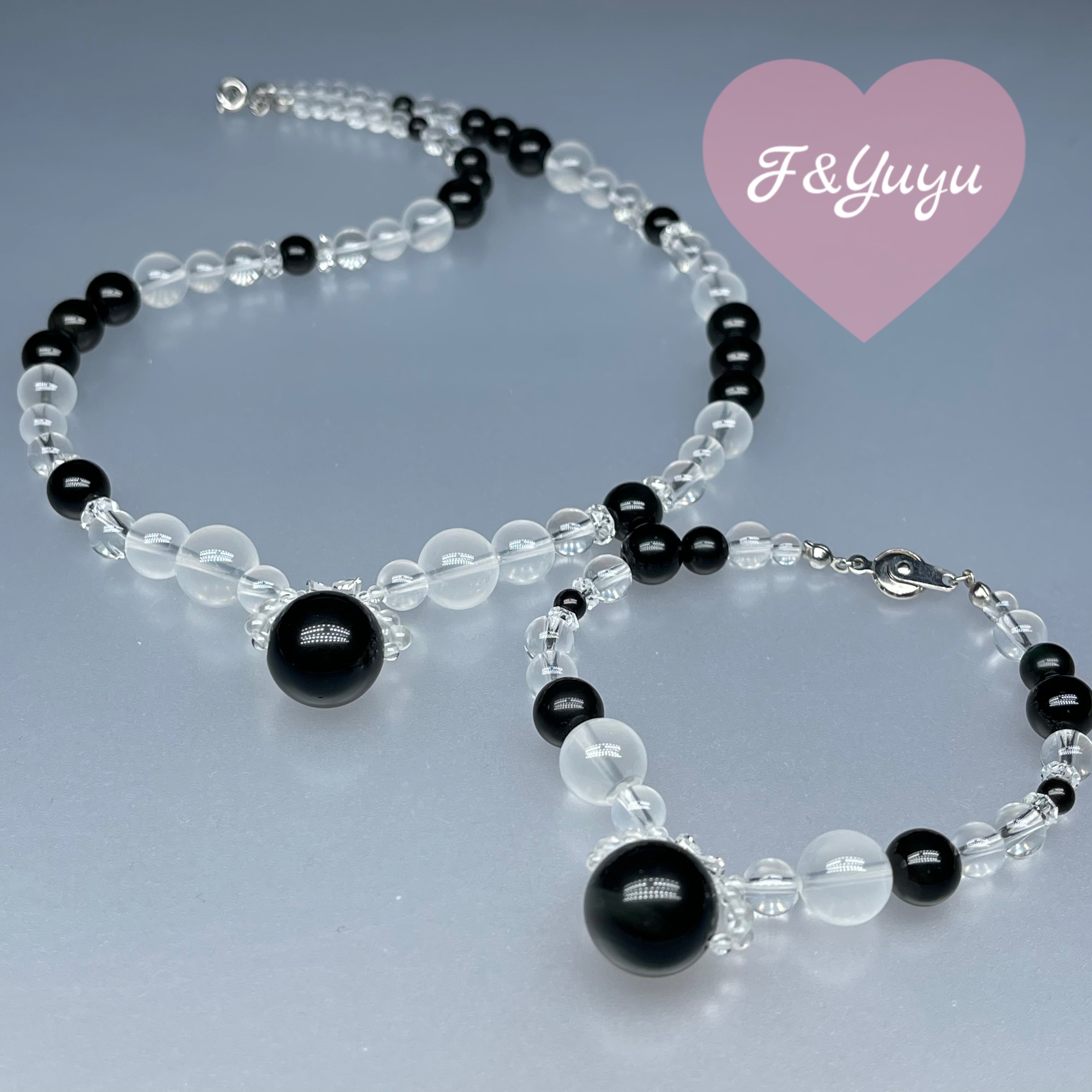 天然石 メイド リボントップ オブシディアン ミルキークオーツ ネックレスとブレスレットのセット　Mサイズ