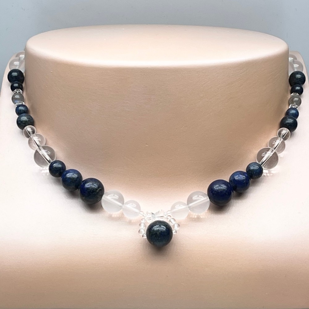 天然石 ラピスラズリ ミルキークオーツ リボントップ ネックレス Mサイズ