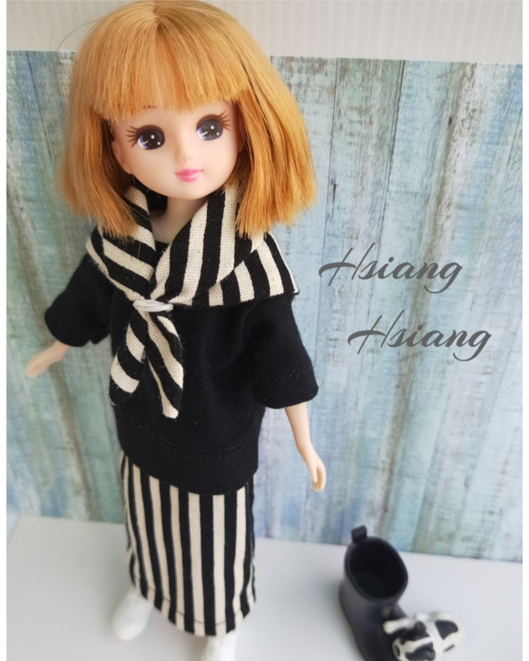 **Hsiang Hsiang**—リカちゃんのお洋服--licca--莉卡娃娃--黑白條紋假兩件個性連身洋裝 第1張的照片