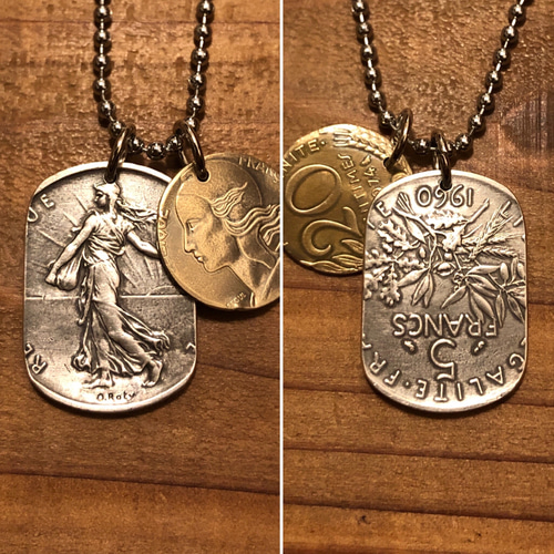 フランス5フラン銀貨＆フランスサンチームコイン ドッグタグ