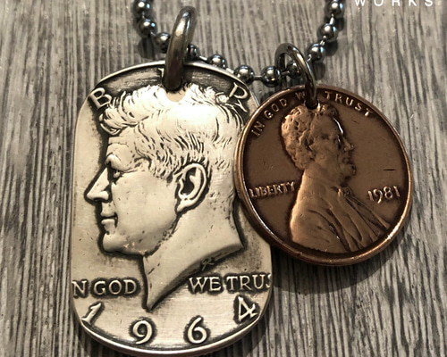 USAケネディハーフダラー銀貨1964年　ドッグタグネックレス USAケネディハーフダラー1964年銀貨 ドッグタグネックレス