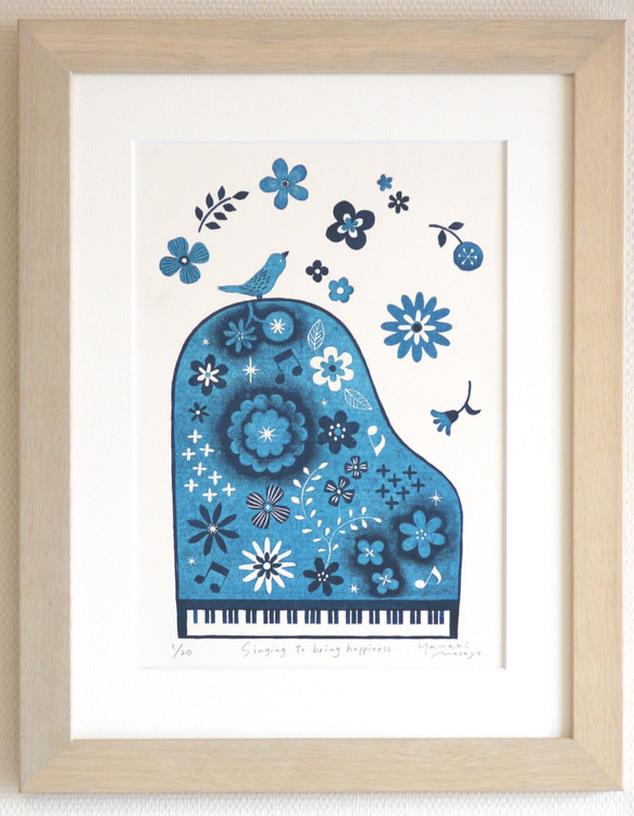 鳥とピアノと花の木版画 / A4 / 額無し 1枚目の画像