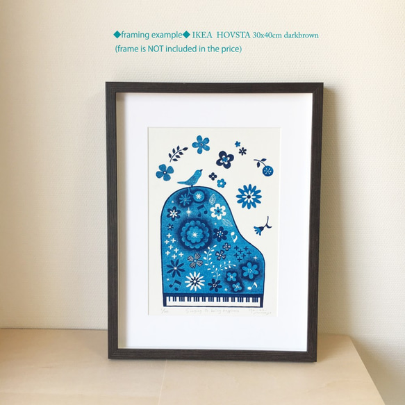 鳥とピアノと花の木版画 / A4 / 額無し 4枚目の画像