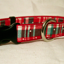 【1点のみ】中～大型犬首輪　クリスマスカラーチェック+ドット赤 1枚目の画像