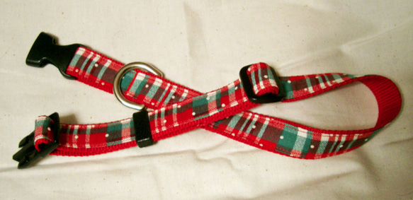 【1点のみ】中～大型犬首輪　クリスマスカラーチェック+ドット赤 3枚目の画像