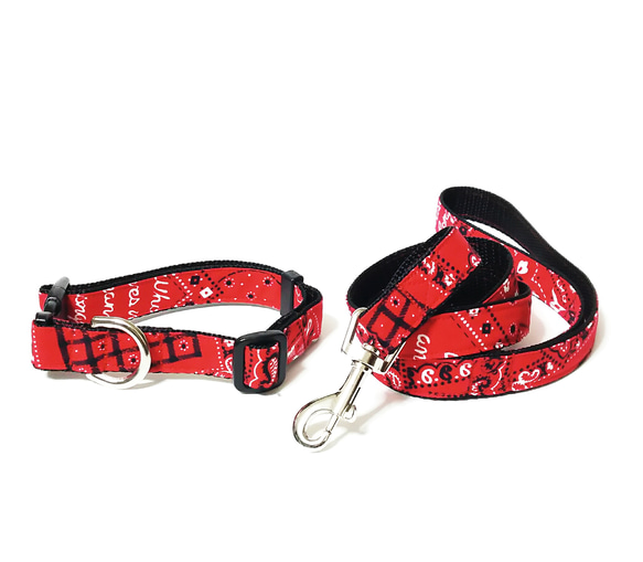 中型犬～/バンダナ柄赤系/首輪リードセット リード・首輪 いぬのて工房
