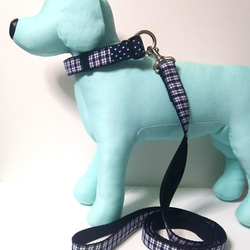 中型犬〜首輪リードセット/紺色チェック&ハートドット　2センチ幅 3枚目の画像