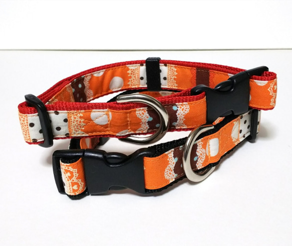 miemama0522 様専用オーダーページ　犬用首輪/レース&ドット/オレンジ/裏地赤or黒/2センチ幅 1枚目の画像