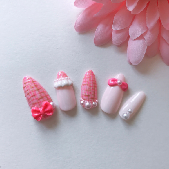 ♡ピンクのツイードネイル♡ ネイルチップ　ハンドメイド ピンクツイード ネイルチップ | iichi 日々の暮らしを心地よく