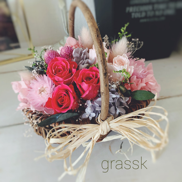 カゴアレンジ＊マゼンダピンク＊プリザーブドフラワー プリザーブド  