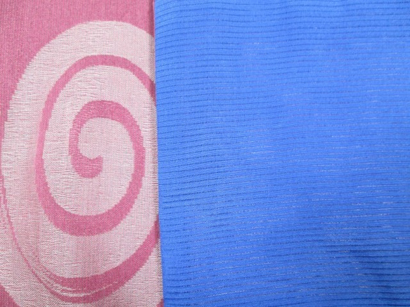 着物リメイク 　ローズピンクの絽とブルーの紗の爽やかなスヌード 5枚目の画像