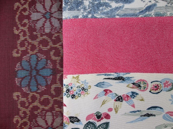 着物リメイク　３種類の正絹着物×ワイン色の大島紬からスヌード 5枚目の画像