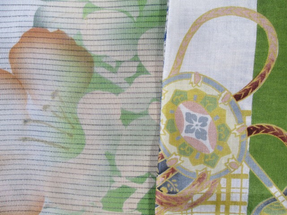 和服翻拍Snood由和服製成，帶有綠色清爽的花朵圖案 第5張的照片