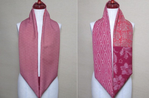 着物リメイク　赤系の4種類のウール着物を組み合わせて作ったスヌード 2枚目の画像