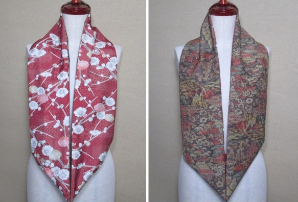 着物リメイク　赤に梅模様の染大島紬×ウール植物模様着物からスヌード 2枚目の画像