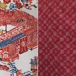 和服翻拍由純絲綢和服製成的獨特圍巾，採用紅色時代風景圖案 第5張的照片