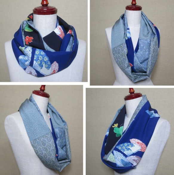 着物リメイク　3重巻き出来る５種類のブルー系正絹着物からロングスヌード 2枚目の画像