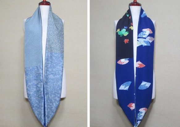 着物リメイク　3重巻き出来る５種類のブルー系正絹着物からロングスヌード 3枚目の画像