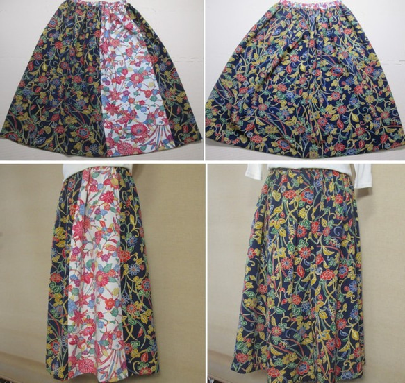 着物リメイク　スヌード付き７７ｃｍ丈　2種類の古典花模様の小紋を組み合わせて作ったスカート（裏地付き） 3枚目の画像